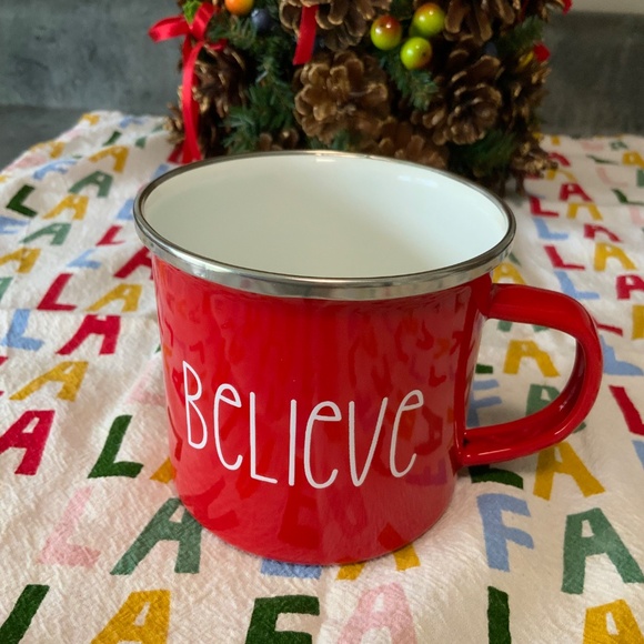 Red Enamel Holiday Mug, White Enamel Interior, White Lettering Believe New - Picture 5 of 5